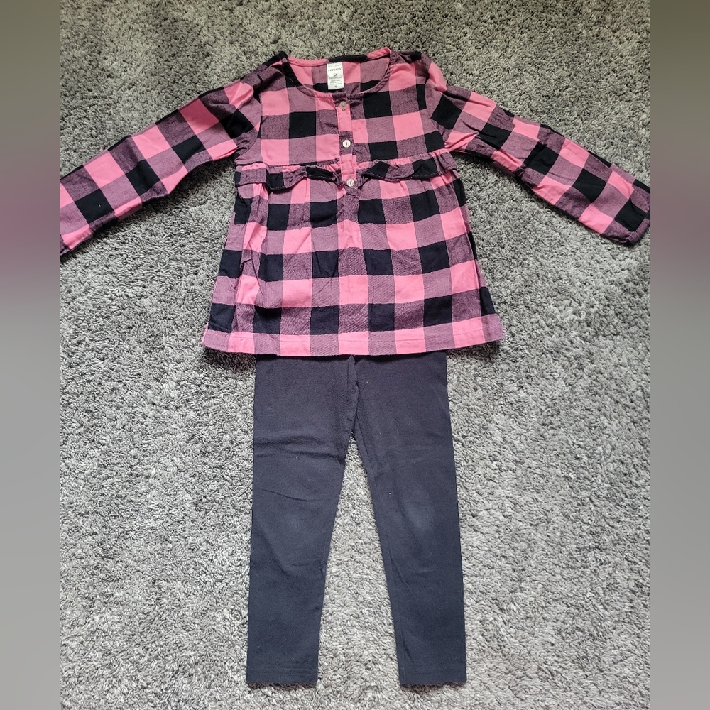 Carters Pink and Black Plaid Top with Black Leggings Size 5T